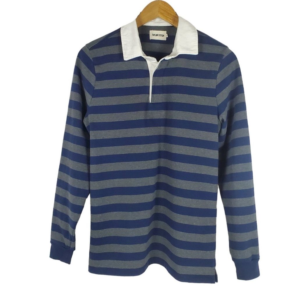 Taylor Stitch Mens The Rugby Shirt in Navy Stripe Size 38/S Long Sleeve Polo